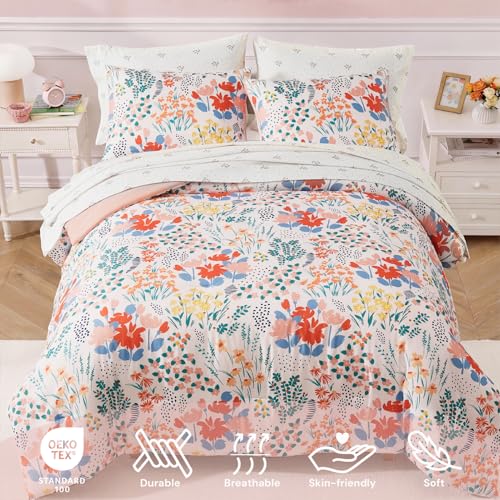 Image of BLOOMHAVEN Full Size Comforter Set for Girls, 7 Pieces Pink Botanical Floral Bedding Set, All Seasons Kids Bed in a Bag with Sheets, Pillowcases & Shams