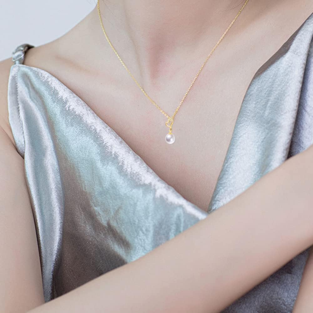 14k Gold Created Moissanite Heart and Freshwater Cultured Pearl Pendant Necklace for Women (16-18 inch Gold Chain)