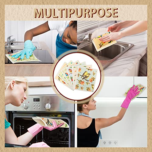 6 Pcs Swedish Kitchen Dishcloths Kitchen Towels, Absorbent Dish Towels, Reusable Sponge Cleaning Dish Cloths Quick Drying Washable Decorative Tea Towels No Odor Bar Hand Towel (Bird) #TOP4