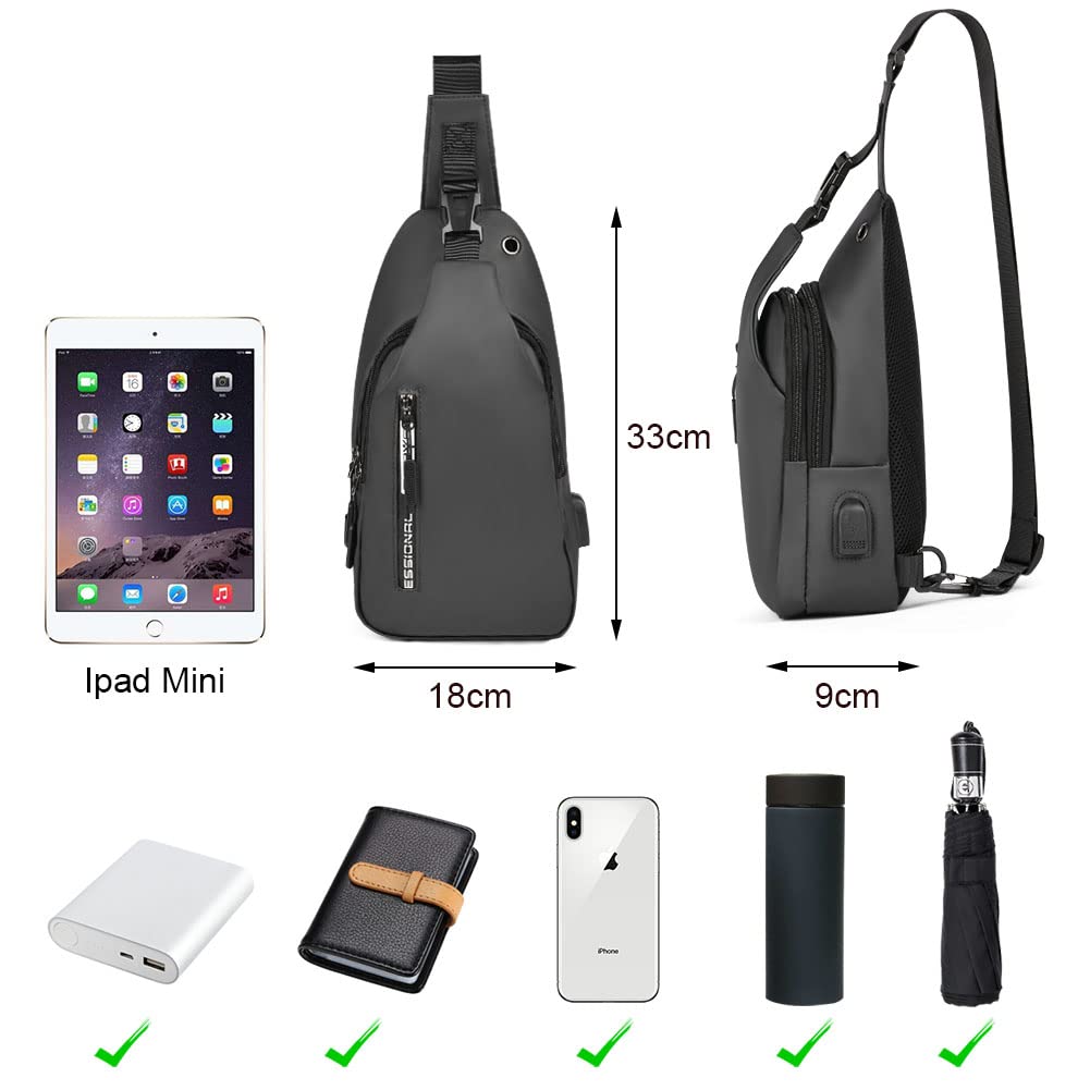Aucuu męska torba na klatkę piersiową, torba na ramię z portem USB do ładowania, wodoodporna torba na ramię, torba na piersi Crossbody (z USB*1), #2 Szary