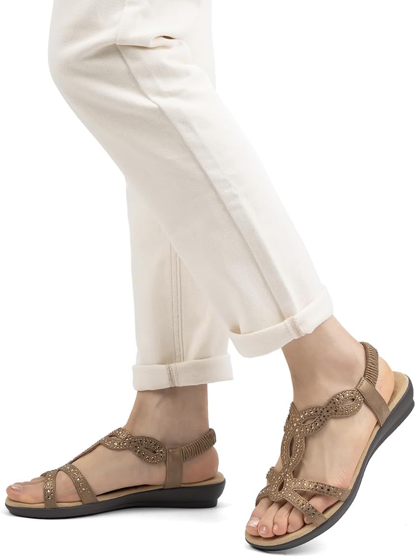 VJH confort Women’s Flat Sandals,Comfort Elastic Strap Rhinestone Open Toe Slip-On Casual Walking Sandals - Image 2