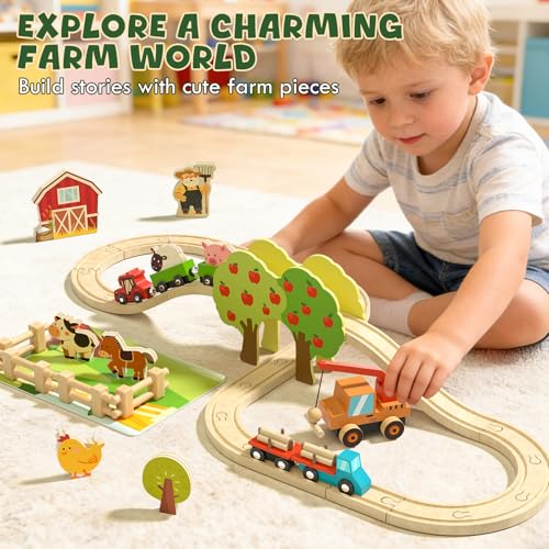 Image of Lehoo Castle Farm Wooden Train Set, Wooden Train Tracks Set for Kids