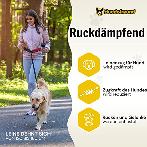 Hundefreund Joggingleine mit Bauchgurt Rot | Laufleine Elastisch Ruckdämpfend Reflektierend für mittelgroße und große Hunde bis 70 kg | Freie Hände zum Joggen Laufen Radfahren Wandern