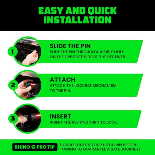 Image of Rhino USA 2 inch Trailer Hitch Pin - Patented Locking Receiver Pin for Class III /IV Hitches - Weatherproof, Anti-Theft, Debris-Protected - Tow Truck Ready - Red 1PK