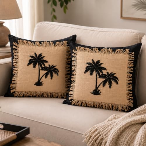 Image of Pink Meadow Bloom Embroidered & Midnight Palms Fringed Cushion Cover | Hidden Zipper | Pack of 1 (Midnight Palm)