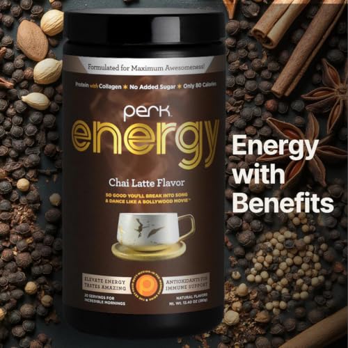Image of Perk Energy Drink Mix (Chai Latte) 20 Servings, Gluten-Free, Soy-Free | Caffeinated Healthy Coffee Alternative with Protein, 100mg of Caffeine, Peanut-Free