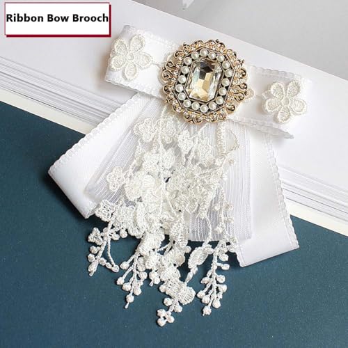 Image of Lace Ribbon Bow Tie Brooch Rhinestone Pearl Necktie for Girl Women Fashion jabot collar brooch pins Pre-Tied Corsage