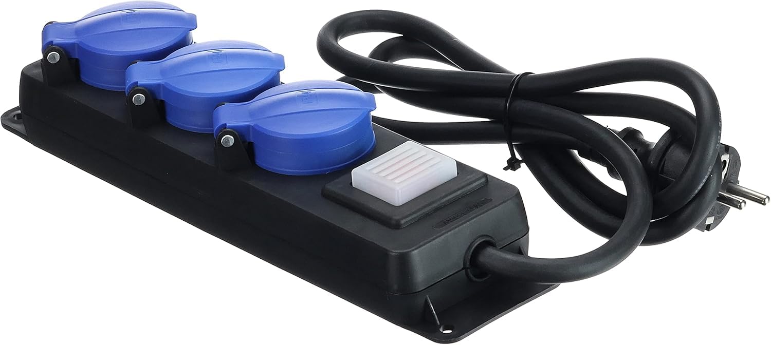 as - Schwabe 3-Fach Verteilersteckdosenleiste mit Schalter, Schutzkontaktsteckdosen mit Klappdeckeln, 1,5 m Leitung, Mehrfachsteckdose für den Außenbereich 230V, 16A, IP44, Schwarz, Blau, 38603