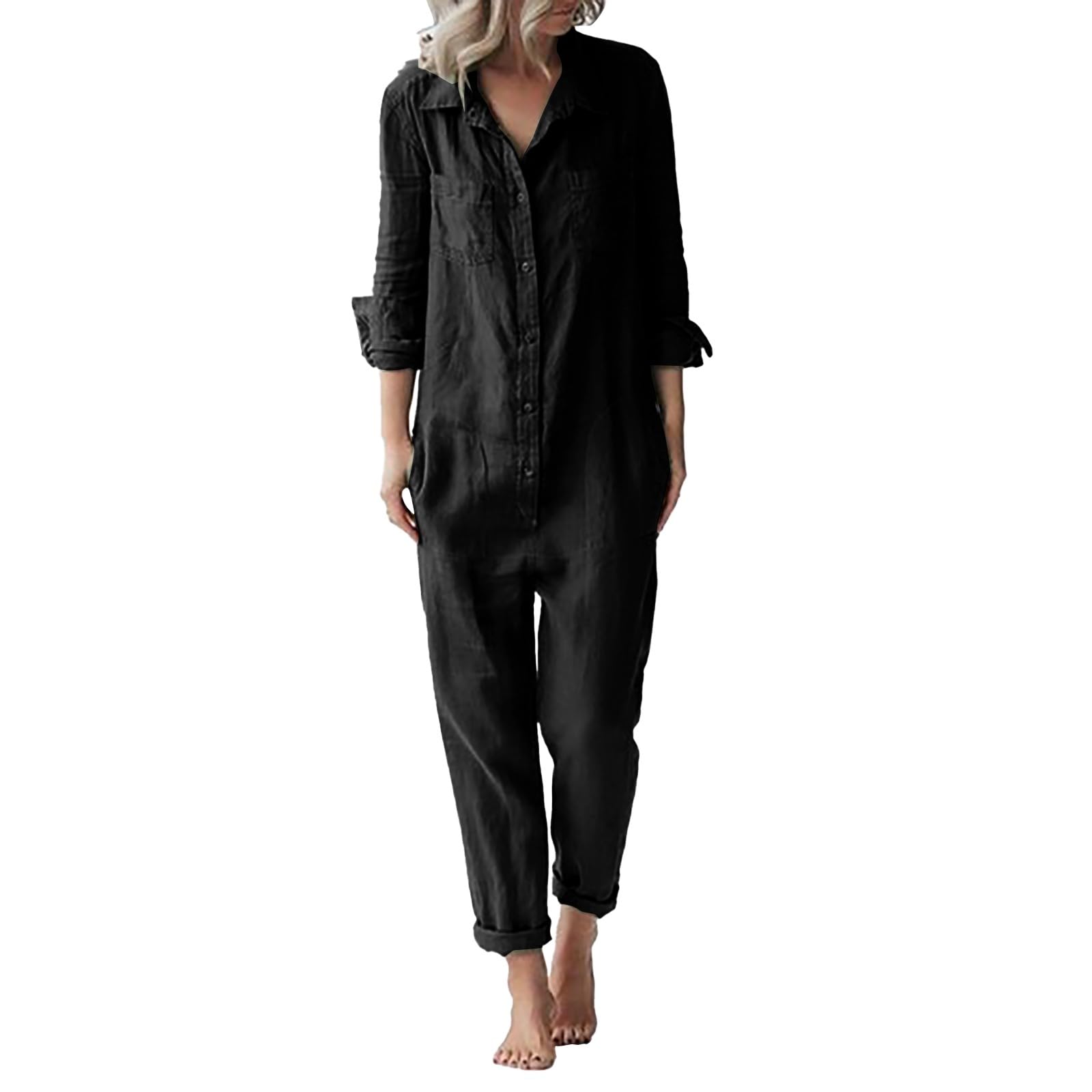 Dinnesis Mono de lino y algodón para mujer, casual, manga larga, bolsillo con botones