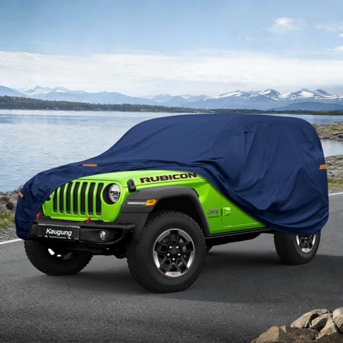 Image of Kaugung Custom Fit Car Cover for Jeep Wrangler 2 Door 2Dr CJ YJ JK JL, Heavy Duty Waterproof All Weather Outdoor Protection, Breathable Full Exterior Cover with Vent, Rain Sun Snow UV Proof