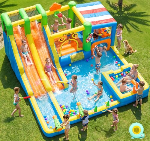 FBSPORT Inflatable Bounce House Double Water Slide,11 in 1 Inflatable Water Slide Park with 680W Blower, Splash Pool, Climbing Wall, Bouncy Castle for Indoor Outdoor Backyard