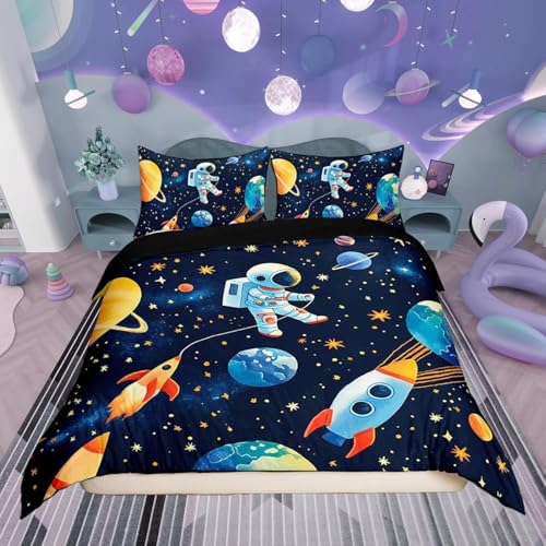 Loussiesd Cartoon Cosmonaut Spaceman Housse de Couette 140x200cm pour Enfants Garçons Adolescents Space Rocket Imprimer Parure de Lit Univers Planètes...