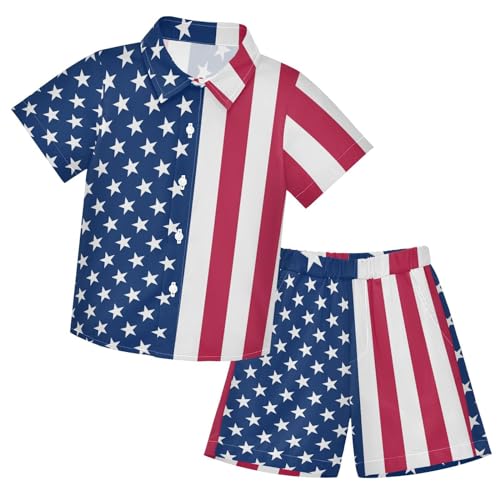 American Flag Stars Stripes Short Sleeve Hawaiian Button Down Shirts and Short Sets for Boys Toddler Summer Outfits