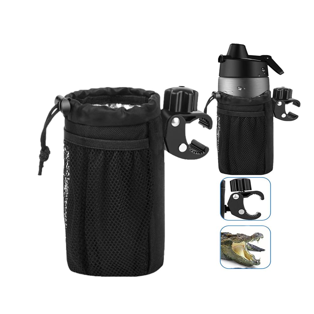 Motorcycle Cup Holder with Alligator Clamp,Bottle Holder for Bike,Scooter,Wheelchair,Walker,Golf Cart and Beach,Universal Drink Holder Accessories with Net Pocket and Cord Lock(1piece,Black)
