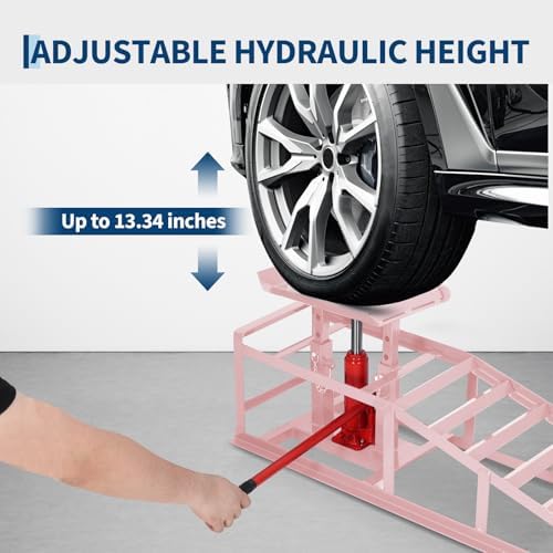 2 Pack Hydraulic Car Ramps for Oil Changes - 11,000 Lbs Capacity Heavy Duty Truck Ramps & SUV Ramps - Low Profile Car Lift with Adjustable Height 9.4" to 13.34" - Durable Steel Vehicle Service Ramps - 3