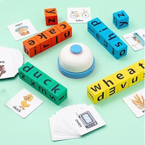 Image of Wooden Alphabet Spelling Game Montessori Learning Toy for Kids Educational Game for Word Building, Spelling & Early Aducation Toy 3+ Years 20 Letter Cubes 64 Flashcards 1 Bell