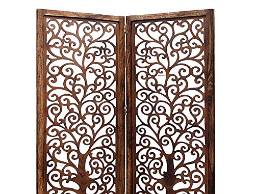 Image of Artesia Wooden Handcrafted 2 Panel Room Divider Without Stand Partition for Living Room | Foldable Privacy Screen with Tree of Life Carved Design | Decorative Partition Wall Panel for Home, Bedroom