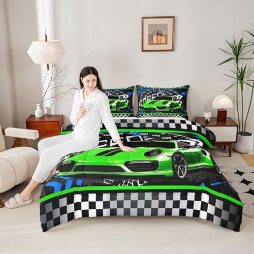 Image of Feelyou Boys Race Car Comforter Race Sports Car Bedding Set for Kids Boys Sports Theme Comforter Set Toddler Size Checkered Inner Fill Duvet Set Fluorescent Green 1 Comforter Set with 1 Pillowcase