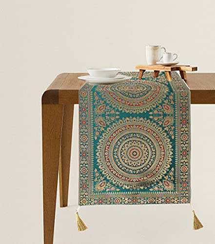 Image of Diwali Decor Brocade Jacquard Silk Table Runner Long Runner for Dinning & Centre Table Mandala Print 72 x 16 Inches (Green)