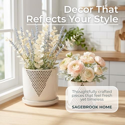 Set of 2 Geometric Decorative Ceramic Planter Pots with Saucer – Stoneware Outdoor Decor, Indoor Plant Pots with Drainage – Triangle Dot Design, Home Decor Ceramic Planters – 7" & 5", White by Sagebrook Home - Image 6