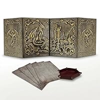 Dungeon Master Screen mit Würfelschale DOJA Hobbies, DM Screen DND Faltbar mit 4 Panels in Goldfarbener Kunstleder-Optik, mit Personalisierbare Einlagen, Zubehör Dungeons and Dragons Rollenspiel