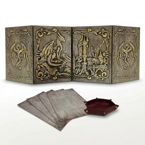 Dungeon Master Screen mit Würfelschale DOJA Hobbies, DM Screen DND Faltbar mit 4 Panels in Goldfarbener Kunstleder-Optik, mit Personalisierbare Einlagen, Zubehör Dungeons and Dragons Rollenspiel