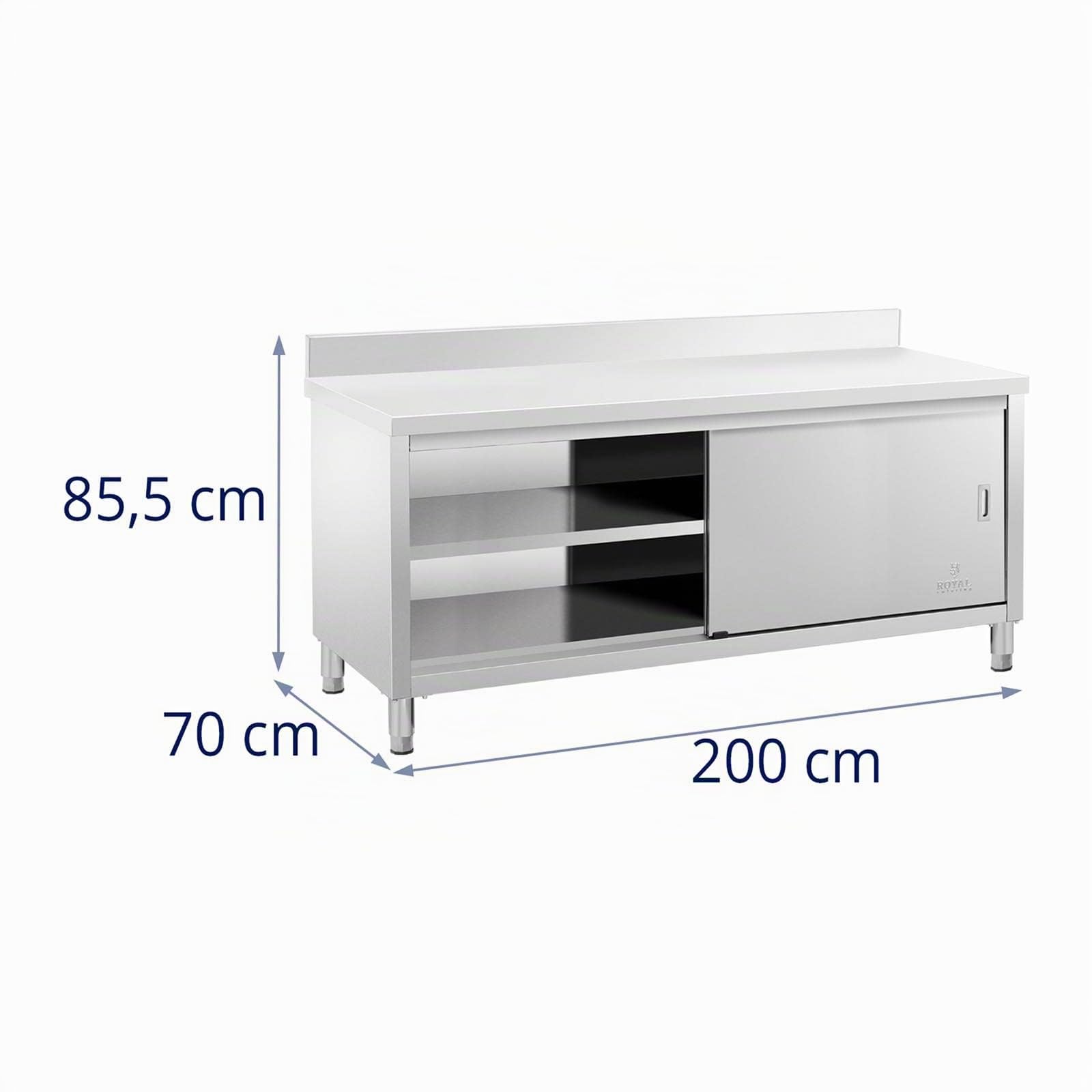 Royal Catering RCSSCB-200X70-E-B Meuble Bas en INOX Plan De Travail Cuisine Armoire avec Portes Coulissantes Adossé avec Dosseret (Capacité de 600 kg, Acier Inoxydable, 1 Tablette)