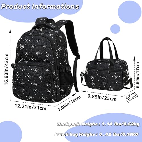 Girls Backpack Set with Bows Heart-shaped Lightweight Schoolbags for Girl Children Spacious Bookbag Waterproof(black)3