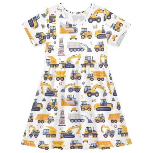 ALAZA Girls Summer Dress Short Sleeve Cartoon Cars Excavator Casual Girls Dresses for Kids 2-8 Years