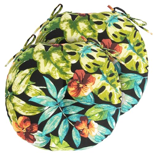 In4 Care Outdoor Bistro Chair Cushion Set Of 2, Waterproof Tufted Round Seat Cushion With Ties, 15 Inchx15 Inchx4 Inch Patio Furniture Chair Pads For Home Garden Balcony Office-Tropical Green Leaves cover