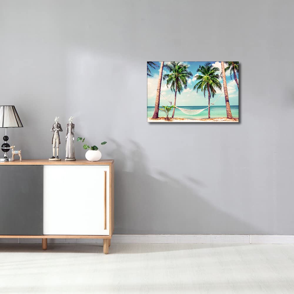 Beach Coconut Tree Hammock Canvas Wall Art Seascape Painting Seaside Artwork Picture Print for Living Room Bedroom Home Office Wall Decor Modern Landscape Ready to Hang (18X12in) - Image 3