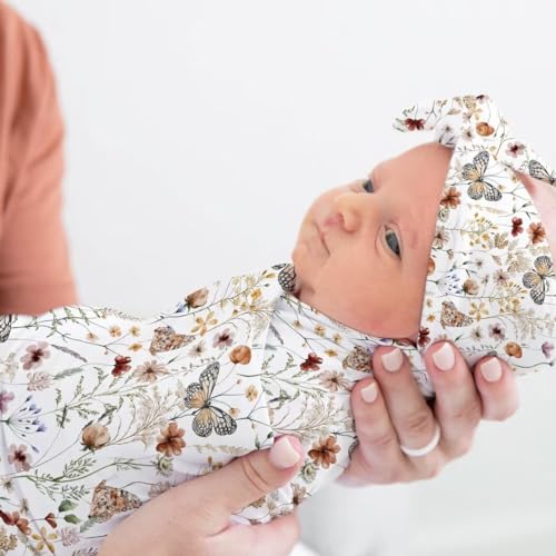 Image of Newborn Swaddle Set with Matching Headband Hat and Bow Set Floral Baby Girl Receiving Blanket Nursery Wildflower Baby Blanket