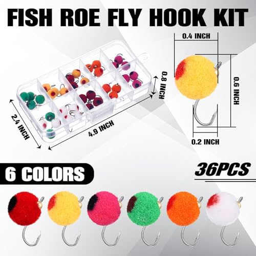 Image of 36pcs Salmon Egg Flies for Fishing with Box Dry Flies for Trout Fishing in Size 12 Steelhead Egg Fly for Trout, Salmon, Bass