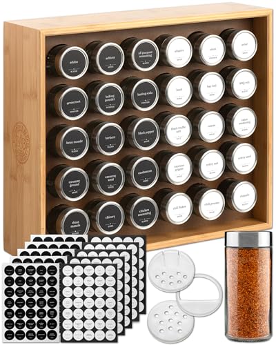 BOURBON & BARREL Wooden Spice Rack Organizer with Glass Jars | Stainless Steel Lids | Bamboo Countertop Spice Organization | 350 Waterproof Spice Labels | 2 Chalk Markers | 30 4oz Jars [Bamboo]
