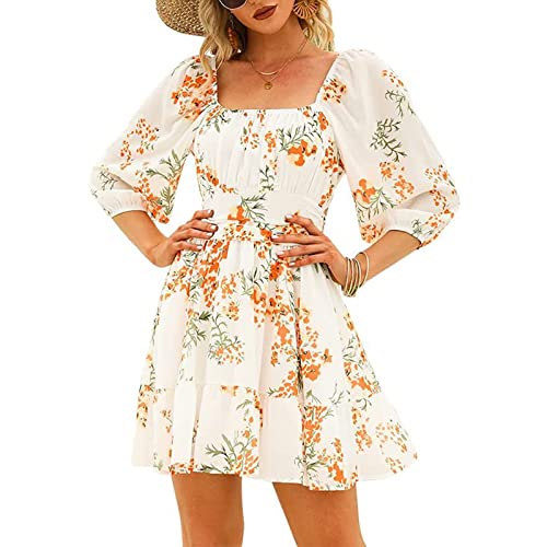 Women Lantern Sleeve Dress with Ruffle Decoration, Dots Square Neckline High Waist Summer Clothing (White, Large) Cover
