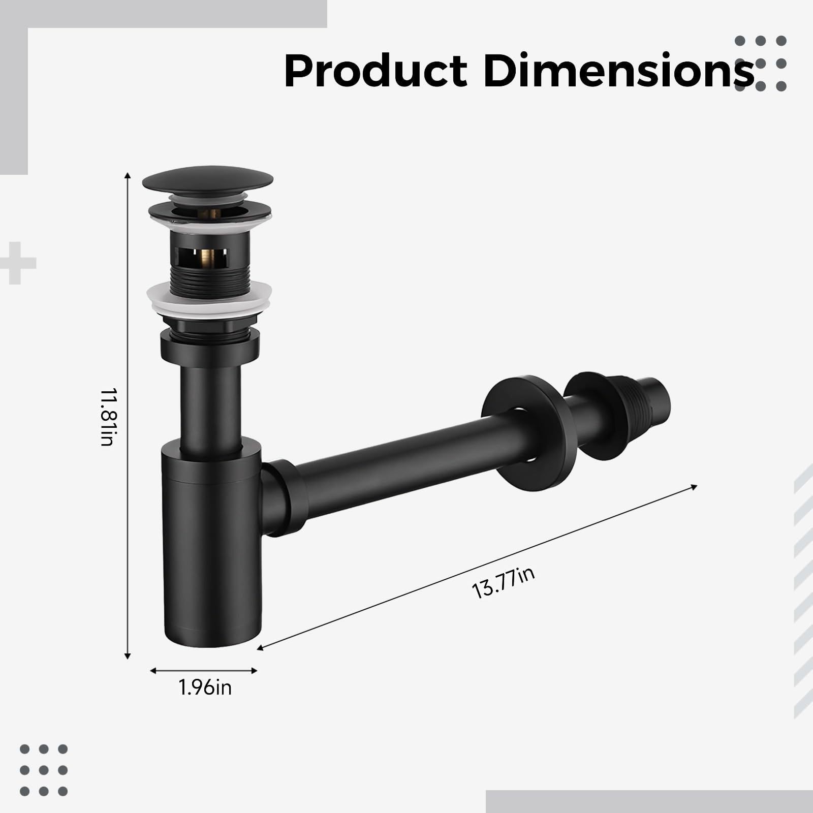 Sifone a bottiglia rotondo per lavabo da bagno, kit da parete in acciaio inox 304, nero opaco con troppopieno, 30 x 35 x 5 cm