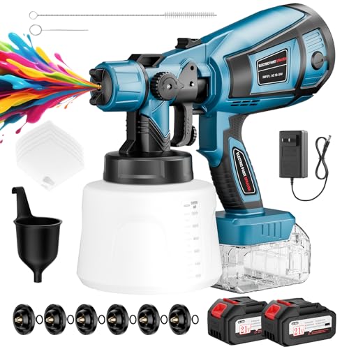 Cordless Paint Sprayer, 650W Spray Paint Gun with Battery 2 × 4.0mAh, 6 Brass Nozzles & 1400ML (47 fl.oz) Container, Paint Sprayer for House Painting Graffiti Wall Fence Furniture DIY Projects