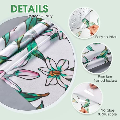Image of Coavas Static Cling Privacy Window Film, 96% UV & Heat Blocking, Stained Glass Window Film Floral Design, Non-Adhesive, for Bathroom, Front Door, Shower Enclosure (Frosted, 17.5 inch X 78.7 inch)