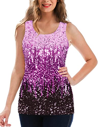 MANER Women's Sequin Tops Sleeveless Glitter Gradient Tank Club Party Vest XS-3XL (Periwinkle/Festival Fuchsia/Dark Purple, XS)