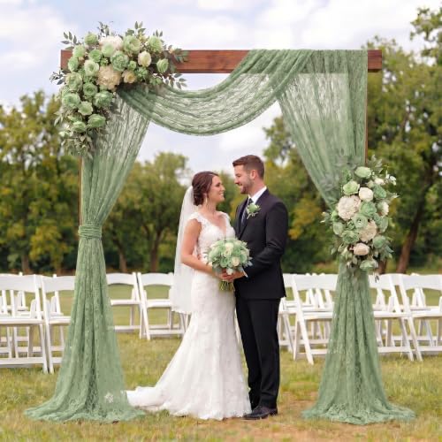 Image of HunnmingRe 2 Panel Sage Green Wedding Arch Draping Fabric Summer 30 inch X 18 FT Lace Wedding Arch Drapery Embroidered Boho Rustic Backdrop Vintage Decor for Bridal Shower Church Ceremony Decoration