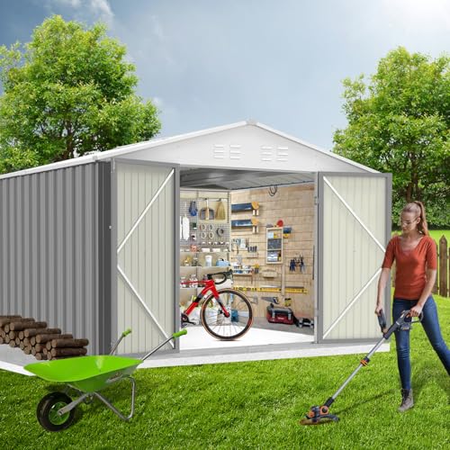 Zstar 7.5 x 8.5 FT Outdoor Storage Shed, Garden Tool Storage Shed with Sloping Roof and Lockable Double Door for Backyard Patio Lawn to Store Bikes, Tools, Lawnmowers, Grey