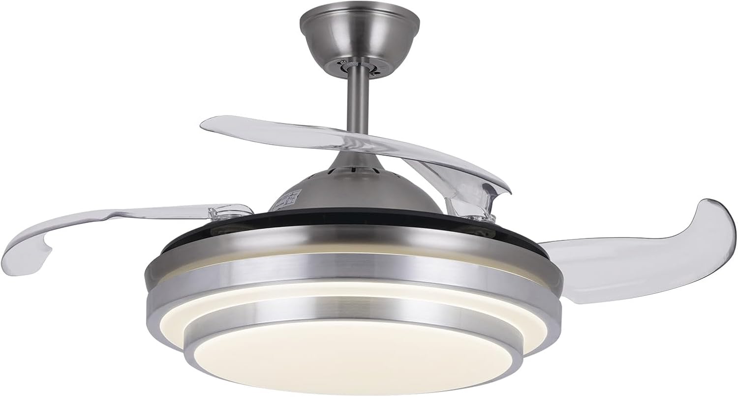 42 Inch Retractable Ceiling Fan with Light - Modern Invisible Blades & Dimmable LED Chandelier, Remote Control with Timer,3-Color Lighting, 6-Speed Quiet Motor for Bedroom & Living Room (Silver)