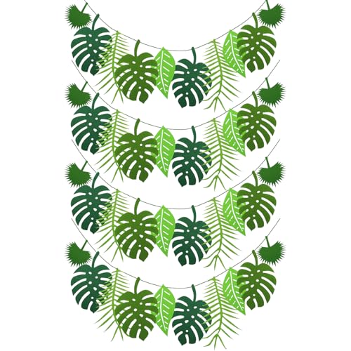 4 Stück Dschungel Deko Geburtstag Blätter Girlande Palmblätter Girlande Party Banner Tropical Garland Decorations Grün Tropische Bunting Artificial Palm Leave Deko Sommerfest Hawaii Party Banner