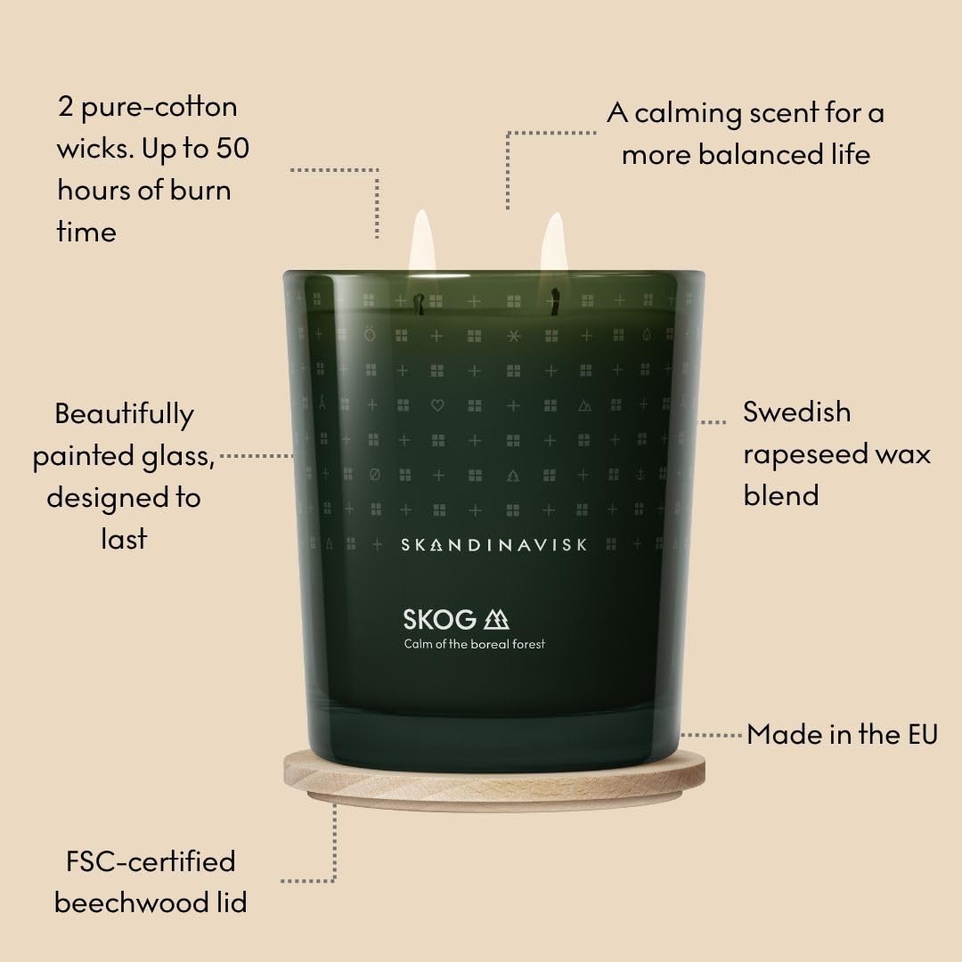 Skandinavisk Skog 'Forest' Vela perfumada con 2 mechas, edición especial, notas aromáticas: agujas de pino y conos de abeto, savia de abedul y lirio de los valles, fórmula vegana, 350 g