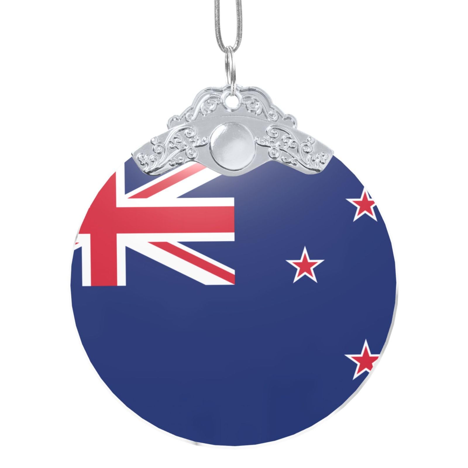 Jxwcher Silver Glass Ornament With Metal Clasp, Christmas Tree Decoration Glass Bauble, New Zealand Flag Festive Xmas Decor
