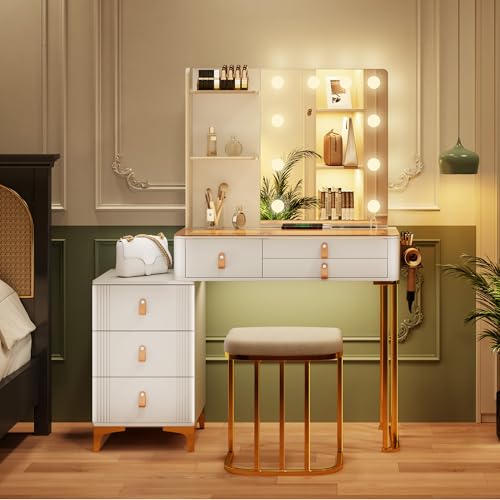 Dystle Makeup Vanity Desk with Mirror & Lights, Vanity Table with 5 Drawers, 2 Shelves, Vanity Set for Bedroom, Dressing Table with LED Lights, Vanity Gifts for Girls Lady (A-White)