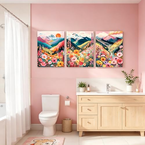Image of Frimeeme Colorful Floral Mountain Wall Art Set of 3, 12x16in, Unframed