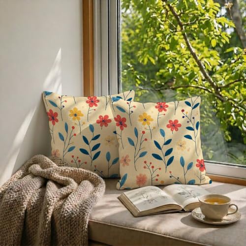 Housses de coussin extérieur imperméable 90x90 cm fleuries en lin