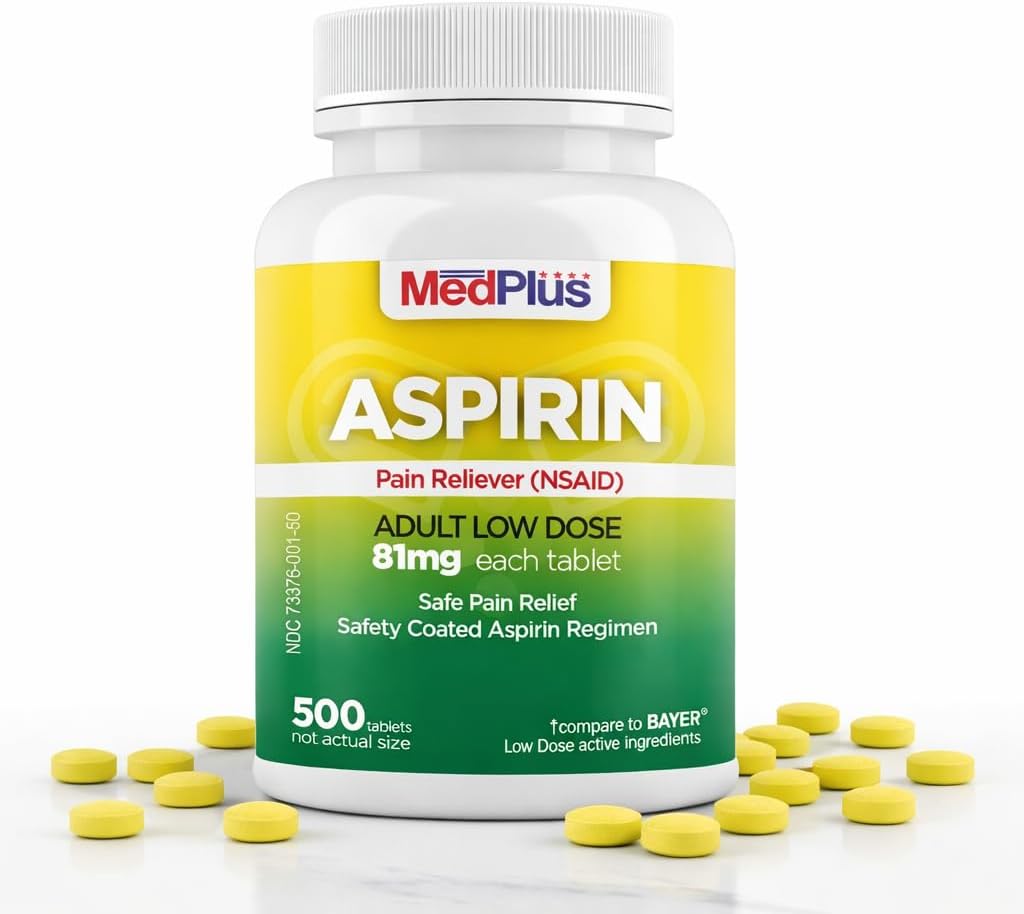 MedPlus Low Dose Aspirin 81 mg - 500 Tablets | Enteric Coated | Pain Reliever for Minor Aches and Pains, Fever Reducer - Made in USA