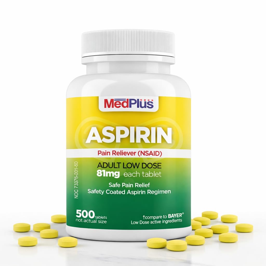 MedPlus Low Dose Aspirin 81 mg - 500 Tablets | Enteric Coated | Pain Reliever for Minor Aches and Pains, Fever Reducer - Made in USA